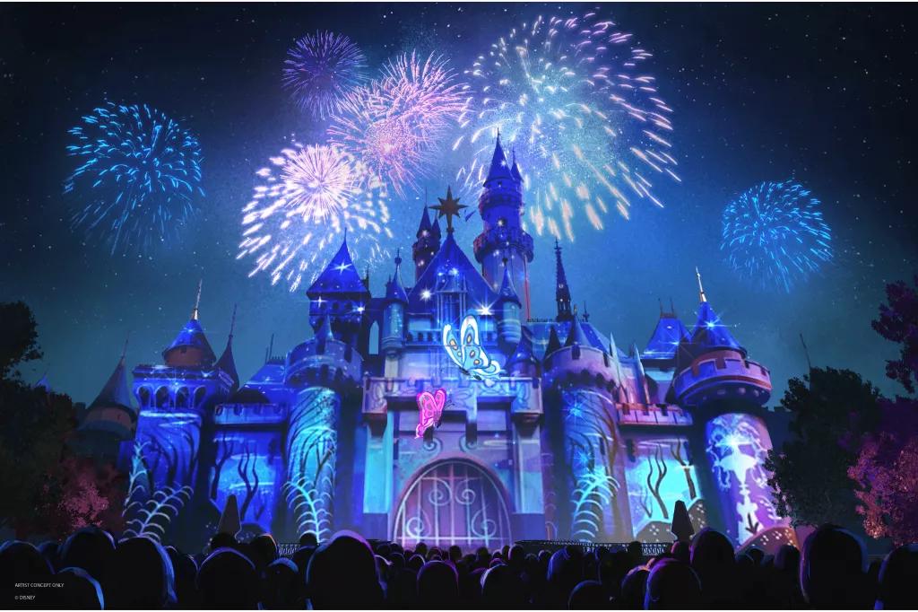 Wondrous Journeys Concept art of projections on Sleeping Beauty Castle with fireworks overhead