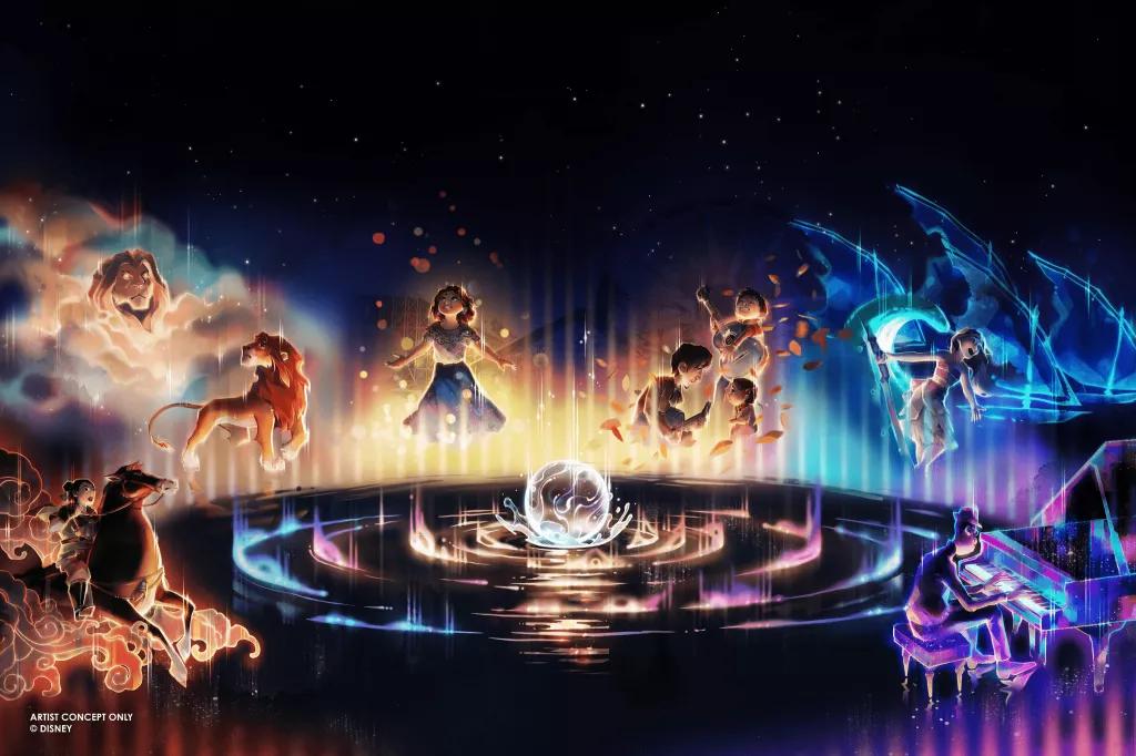 World of Color - ONE Concept art of projections of Disney characters, including Simba, Mulan and Moana, on water fountains