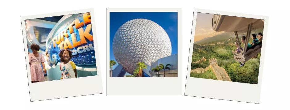 EPCOT Three polaroid pictures showing a child in front of a sign reading 'Turtle Talk with Crush', Spaceship Earth and Soarin'