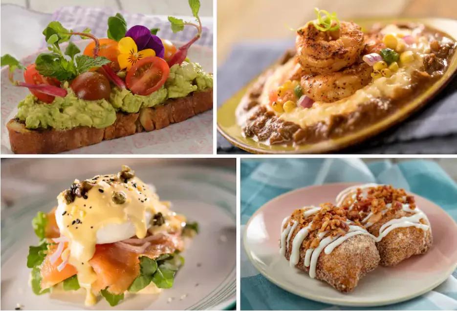 Food at Flower and Garden Festival Four images of tasting dishes including avocado and tomato toast, shrimp and grits and cinnamon rolls