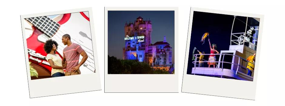 Disney's Hollywood Studios Three polaroid images showing a couple in front of a large guitar, Tower of Terror and Disney Characters on a boat