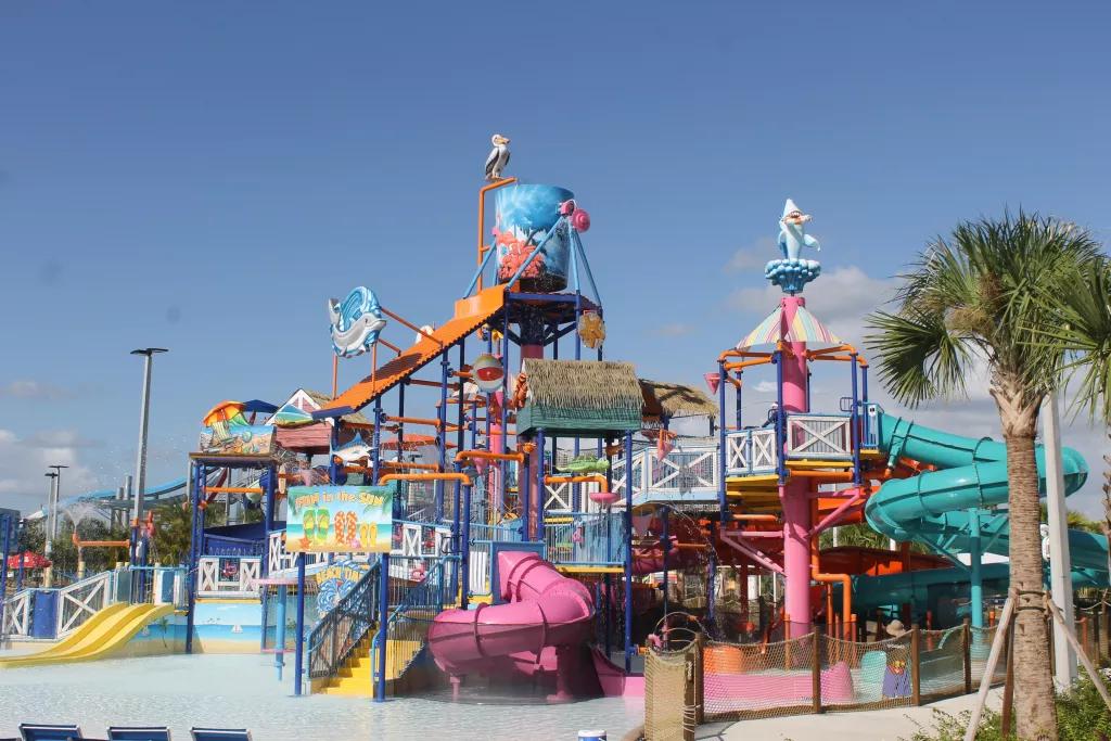 Pelican's Paradise A children's water playground with multiple coloured water slides and tip buckets