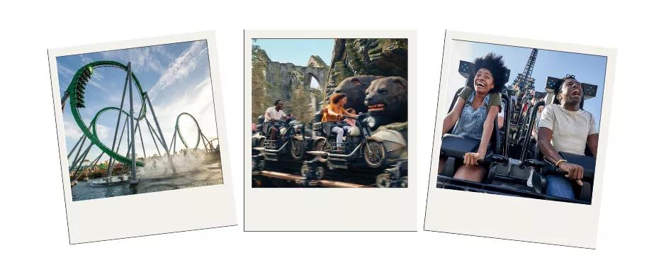 Universal's Islands of Adventure Three polaroid images showing three rollercoasters