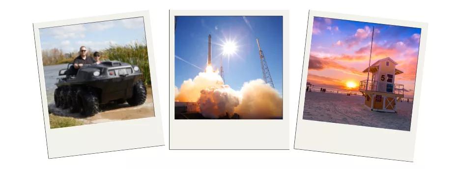 Orlando Bucket List Three polaroid images showing a rocket launch, Clearwater Beach and two people in a MuckyDucks vehicle