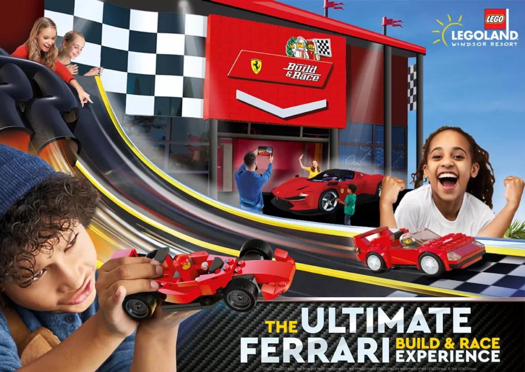 The Ultimate Ferrari Build and Race Experience A composite image of children playing with LEGO race cars in front of concept art of a red building