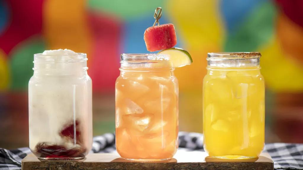 Roundup Rodeo BBQ Cocktails 3 mason jars filled with different coloured cocktails