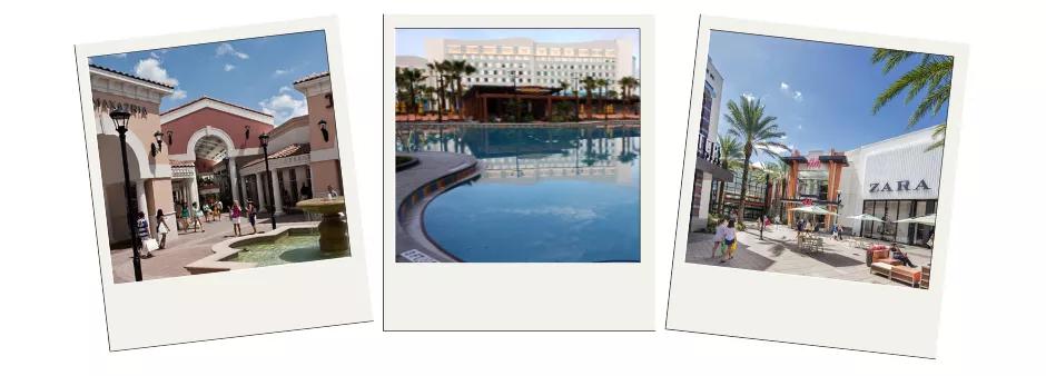 Shopping in Orlando Three polaroid images showing two malls and a pool at a hotel
