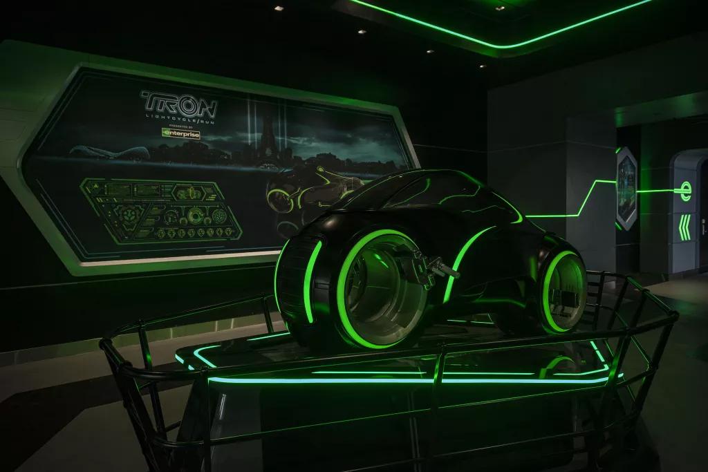 Tron Lightcycle/Run An example of a Tron ride vehicle, which looks like a motorbike lit up with green accents