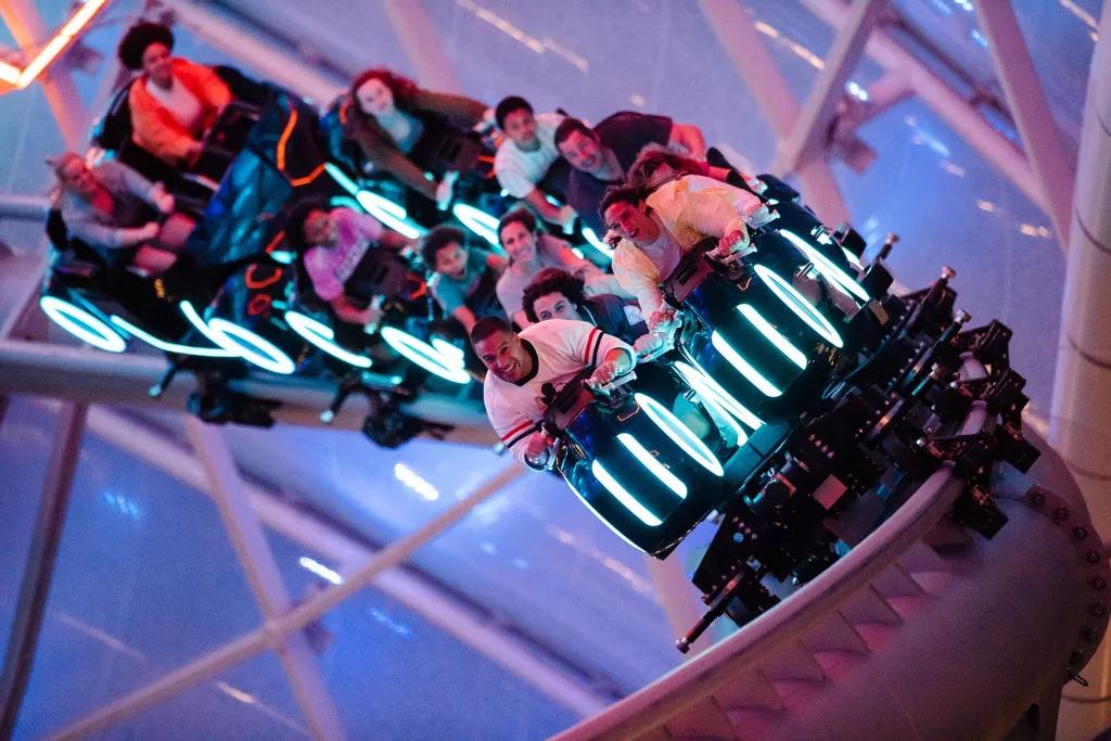 TRON Lightcycle/Run A TRON ride vehicle going round the rollercoaster track