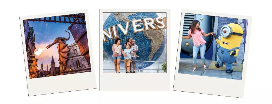 Universal Studios Florida Three polaroid images showing a fire-breathing dragon, a family in front of the Universal globe and a girl dancing with a Minion