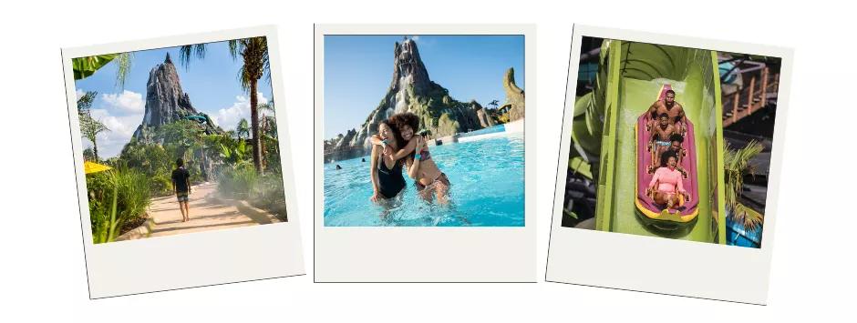 Volcano Bay Water Park Three polaroid images showing people at a water park and a giant volcano