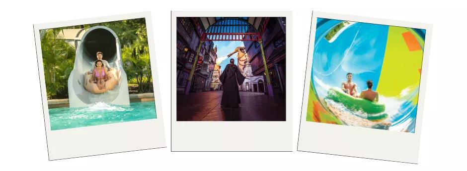 Orlando Water Parks Three polaroid images showing people on water slides and someone wearing wizard robes standing in front of Diagon Alley