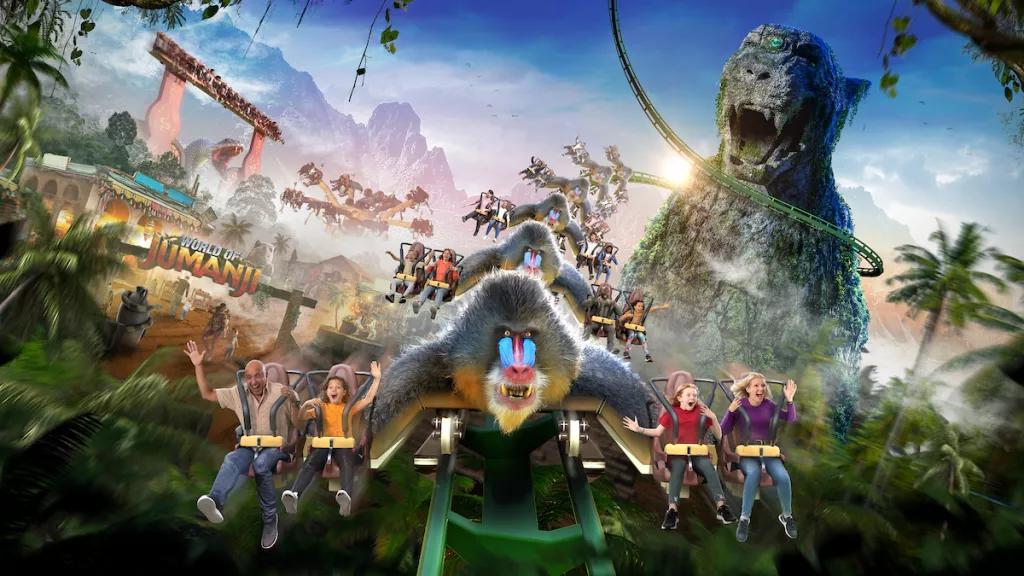 World of Jumanji Concept art for the World of Jumanji including a rollercoaster with large mandrill ride vehicles and jungle landscaping