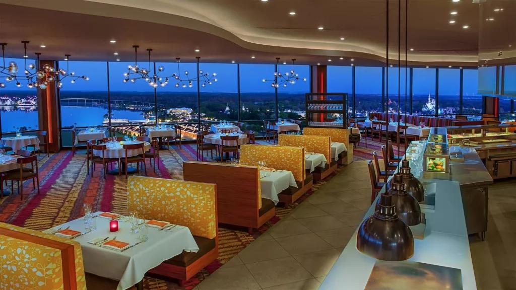 California Grill An empty restaurant with rows of booth seating and large floor to ceiling windows in the background