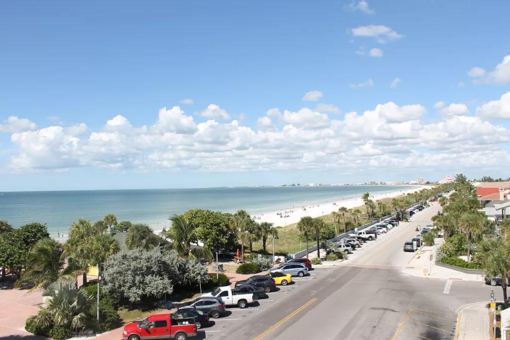 Pass-A-Grille An aerial view looking down across miles of sandy beach with a road adjacent to it