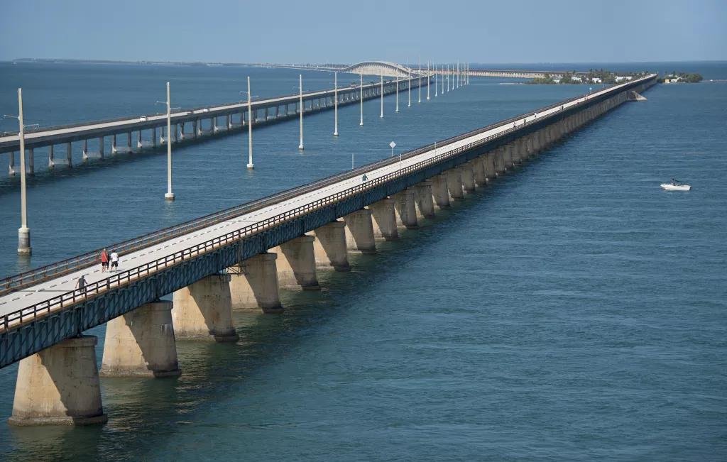 Seven Mile Bridge Two long concrete bridges going from one island to another over the ocean