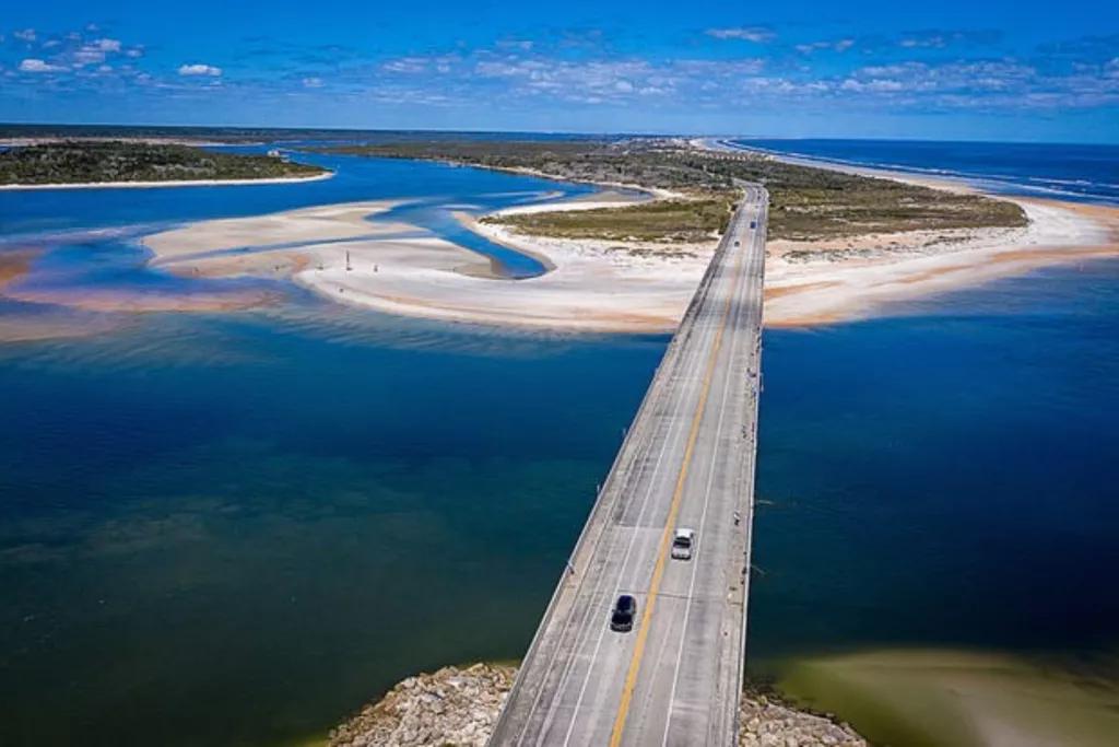 The A1A Byway Bird's eye view of a highway going over some bright blue water between two islands