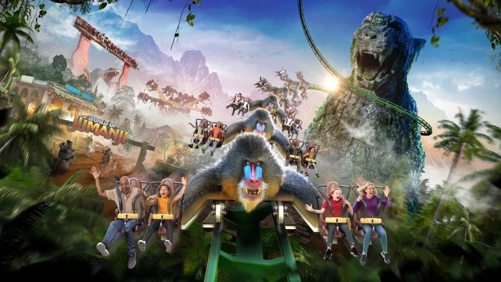 World of Jumanji Madrill Mayhem A concept image of the ride Madrill Mayhem