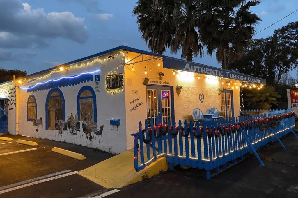 Zeytin Turkish Restaurant The exterior of a Turkish style restaurant with white walls and blue accents