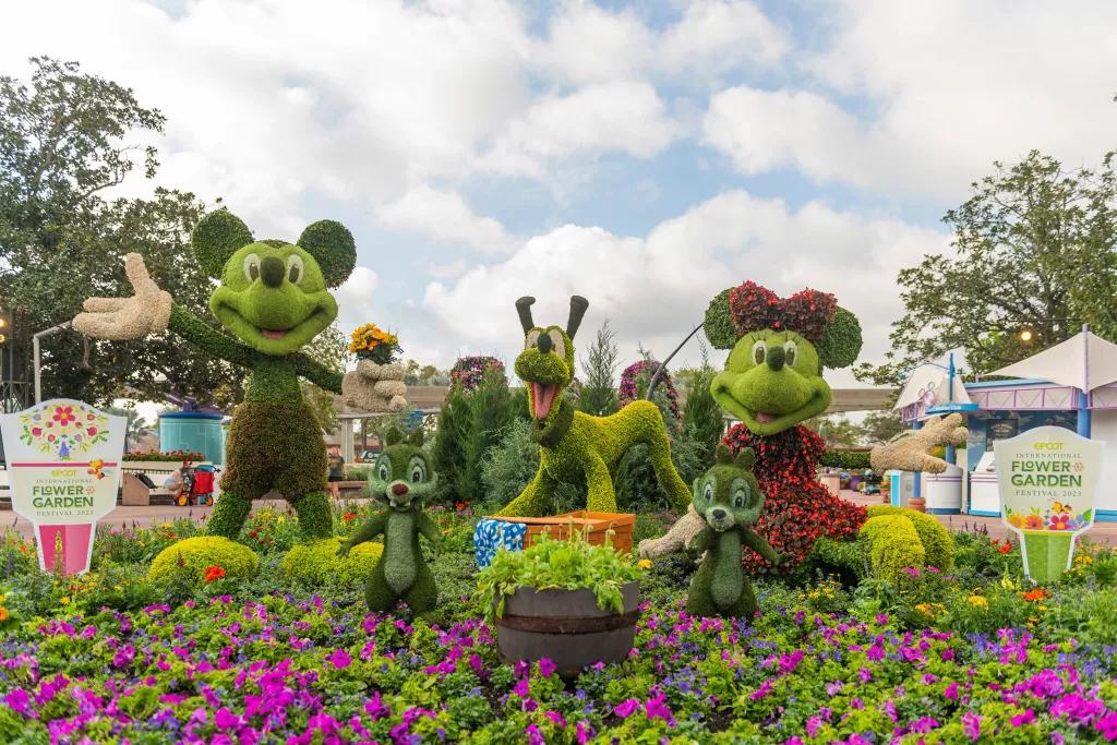 EPCOT International Flower & Garden Festival Topiaries shaped like Mickey Mouse, Minnie Mouse and Pluto in a flower bed