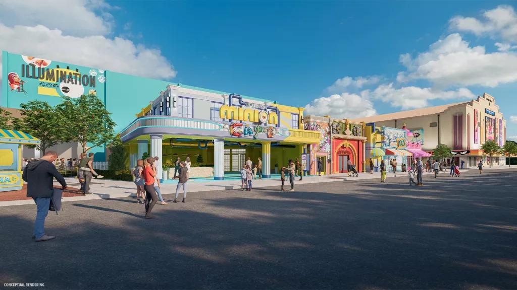 Minion Land Concept Art Concept art of a street with the Minion Cafe in the foreground and an Illumination sound stage in the background