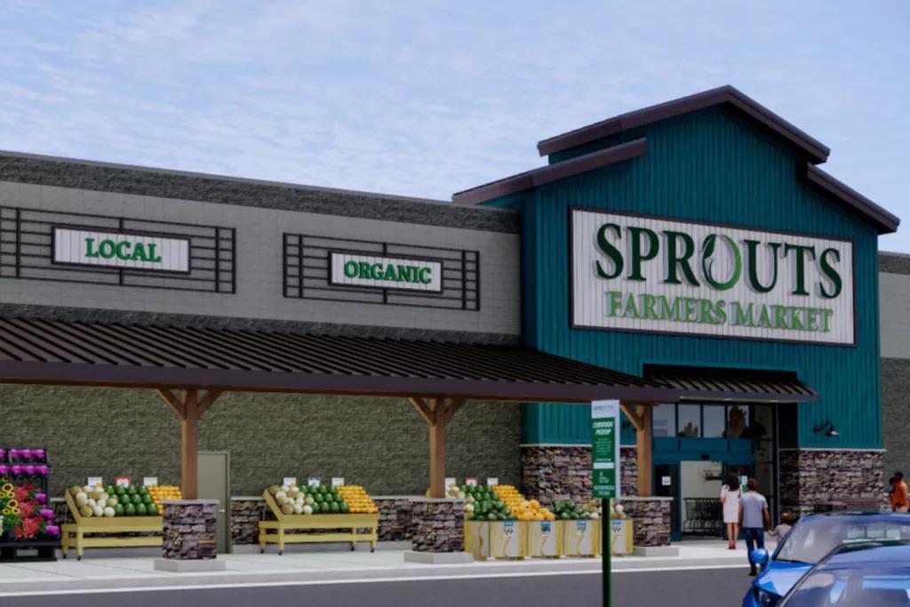 Sprouts Market Concept art of the entrance to a supermarket with a sign above the door reading "Sprouts Farmers Market"