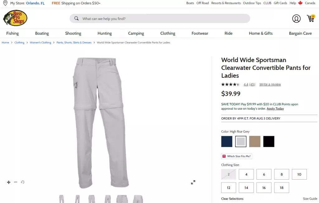 Convertible Trousers A screenshot of a website selling trousers that can be converted to shorts