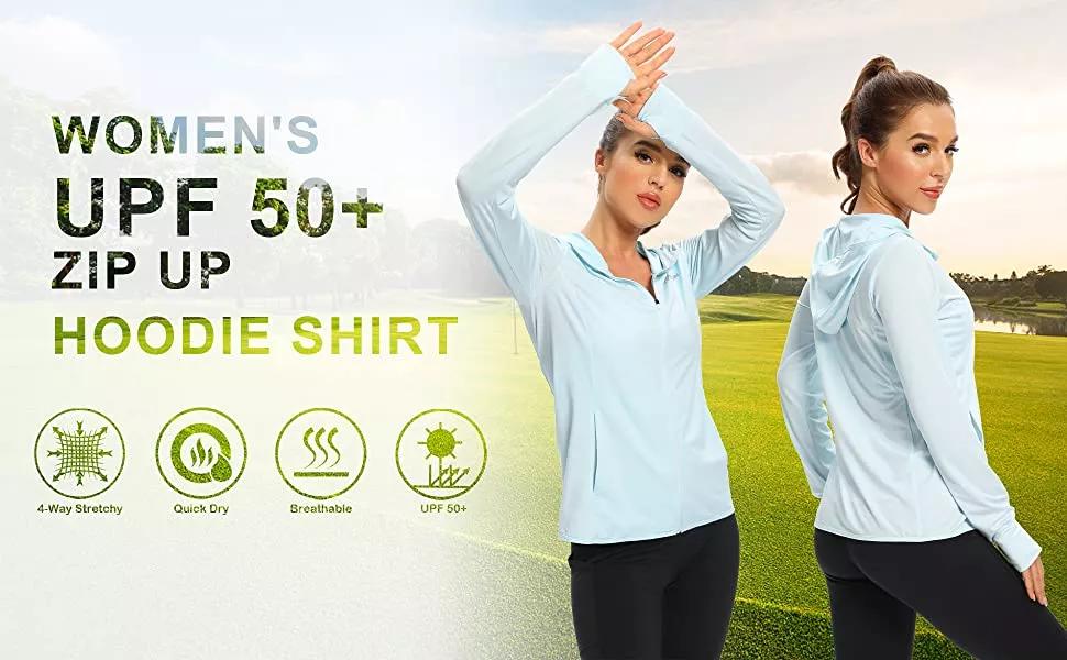 UPF Shirts An advert with a woman modelling a UPF 50+ hooded shirt