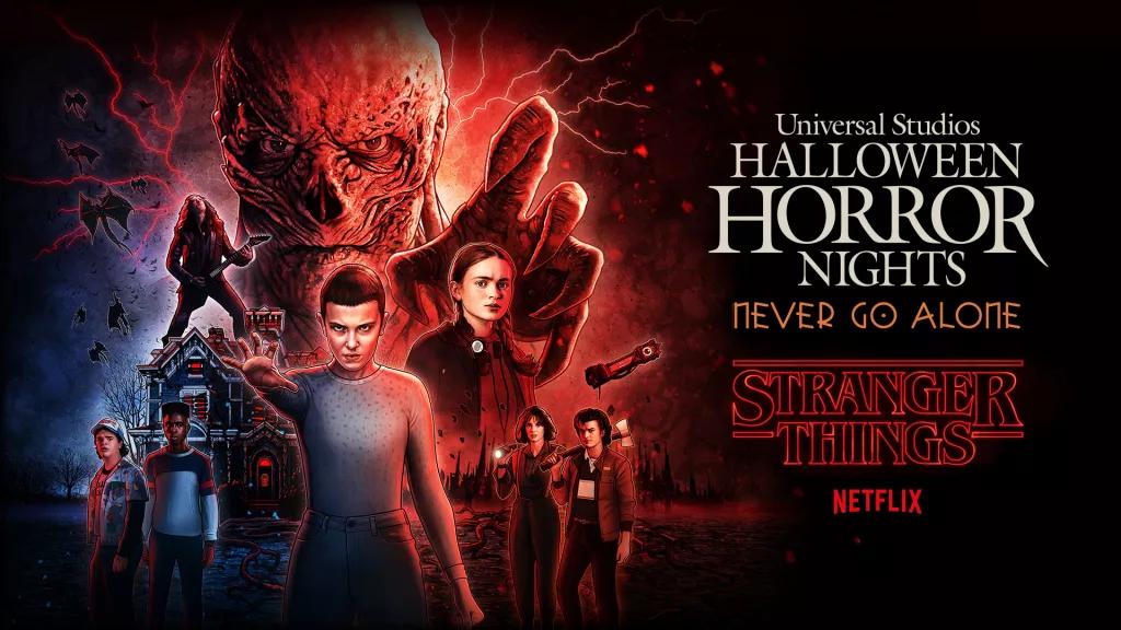 Stranger Things at Halloween Horror Nights A pencil drawing of Stranger Things characters next to the Stranger Things and Halloween Horror Nights logos