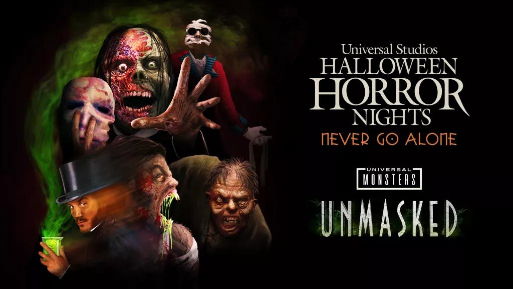 Universal Monsters: Unmasked A collage of different monsters next to the Halloween Horror Nights and Universal Monsters logos