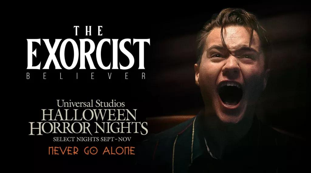 The Exorcist: Believer A man screaming next to the Exorcist and Halloween Horror Nights logos