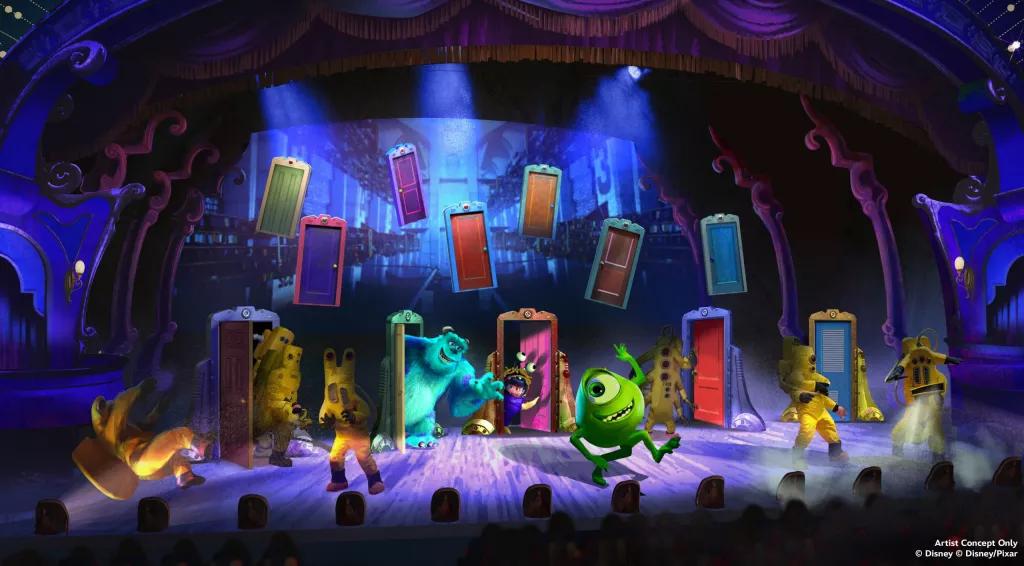 Monsters Inc in Together: a Pixar Musical Adventure Artist concept of Mike, Sulley and Boo from Monsters Inc on a stage with lots of doors