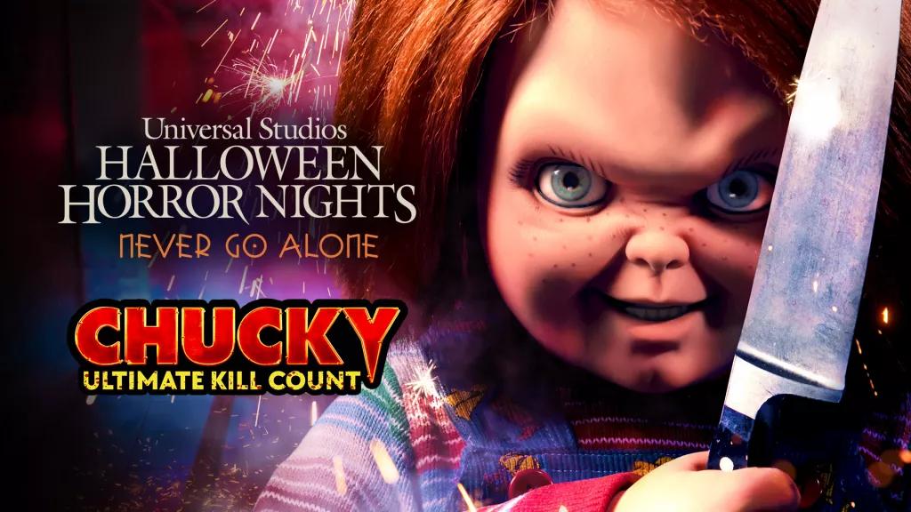 Chucky: Ultimate Kill Count A Chucky doll holding up a knife next to the Halloween Horror Nights logo and the Chucky Ultimate Kill Count