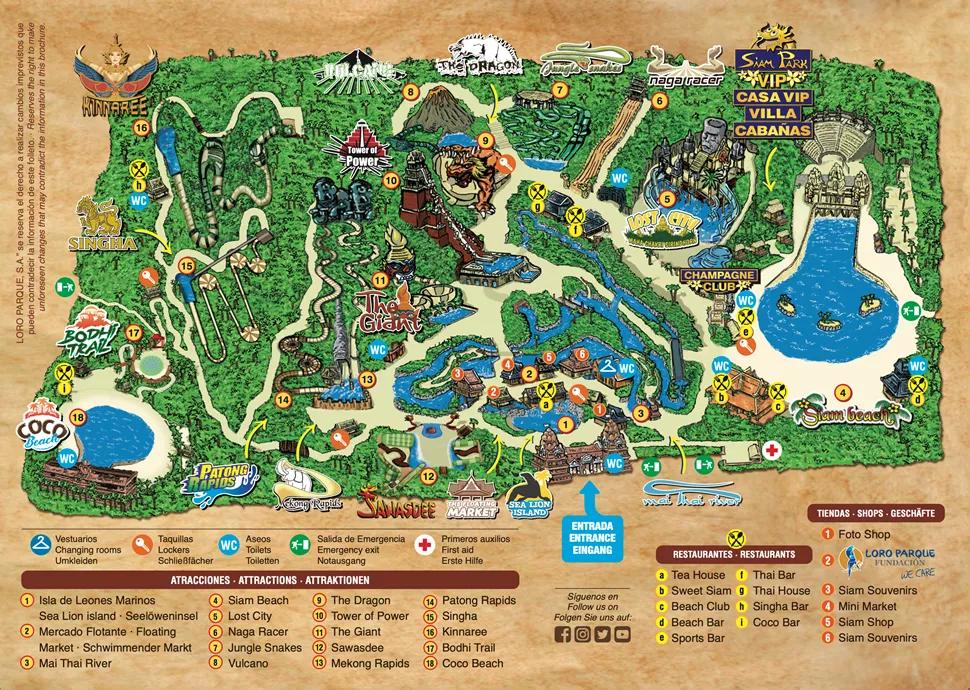 Siam Park Map A map of Siam Park featuring all the rides, dining locations and facilities