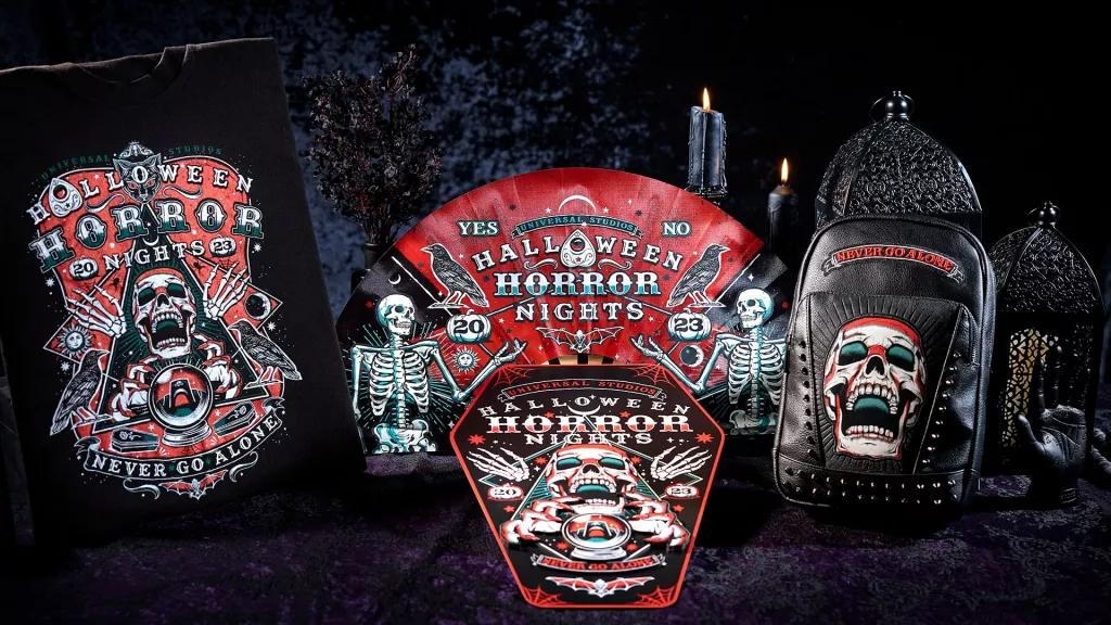 Halloween Horror Nights 2023 Merchandise Halloween Horror Nights themed tshirts and bags, designed to look like a ouija board