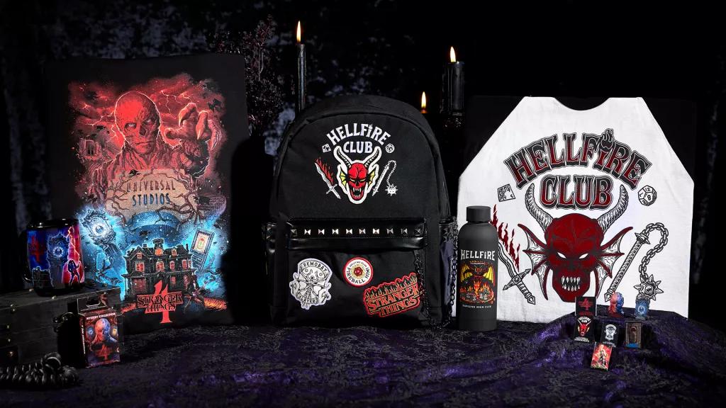 Stranger Things Merchandise at Halloween Horror Nights Stranger Things themed tshirts, bags, water bottles and pins