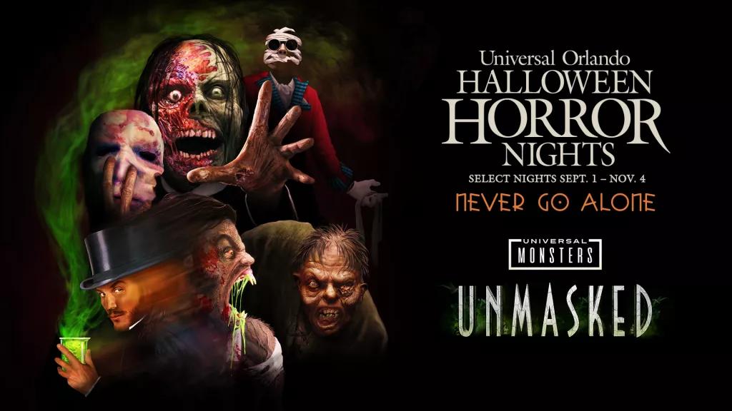 Universal Monsters: Unmasked at Halloween Horror Nights A collage of monsters next to the Halloween Horror Nights and Universal Monsters logos