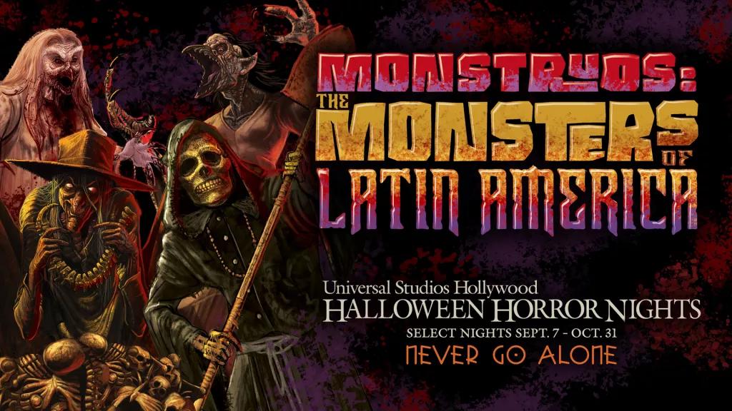 Monstruos: The Monsters of Latin America A cartoon drawing of skeletal monsters next to the Halloween Horror Nights logo