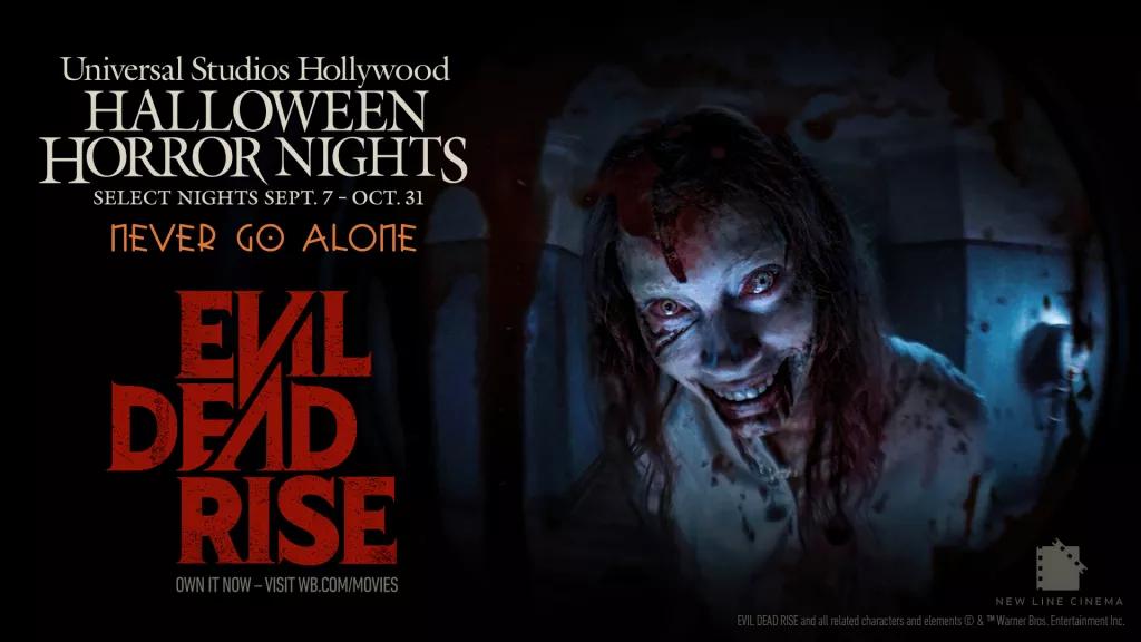 Evil Dead Rise A creepy, blood-covered woman staring at the camera next to the Evil Dead Rise and Halloween Horror Nights logos