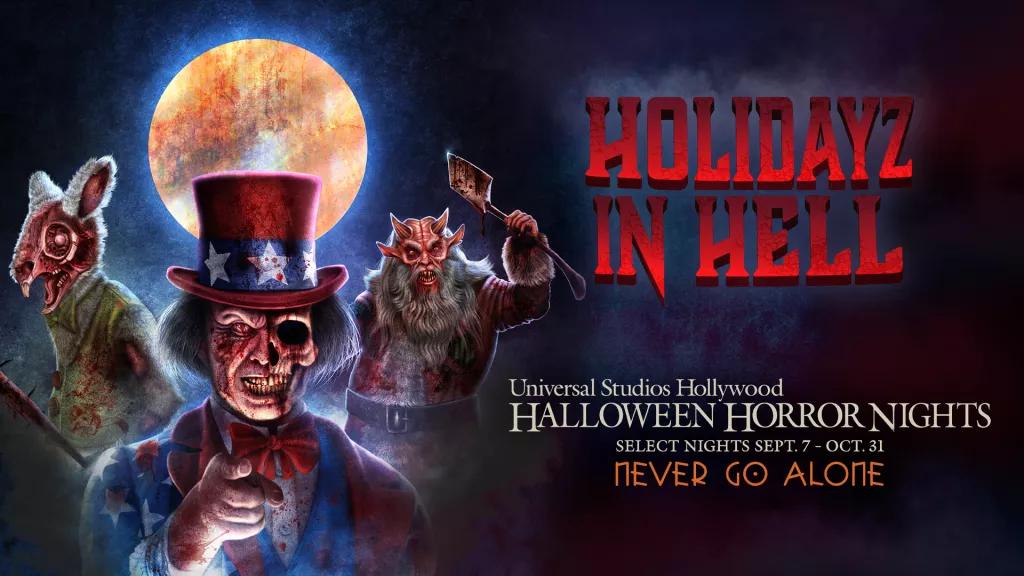 Holidayz in Hell A creepy cartoon of Uncle Sam, Santa and the Easter Bunny next to the Halloween Horror Nights logo
