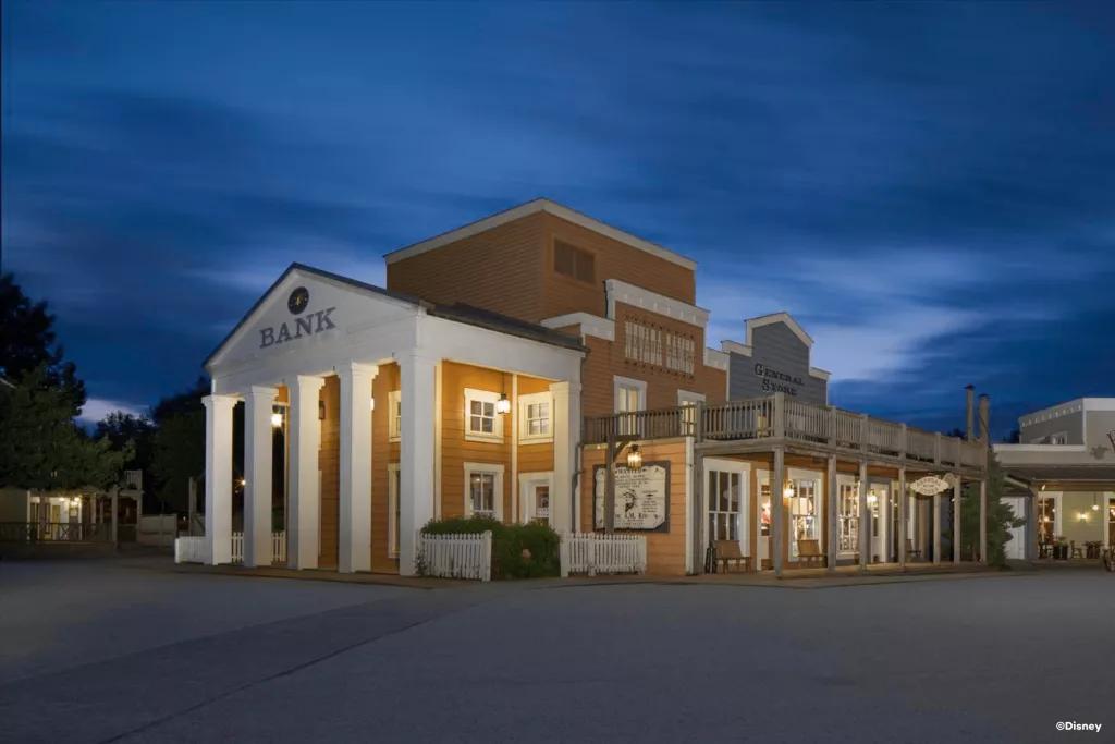 Starbucks at Disney Hotel Cheyenne A building designed to look like an old fashioned wild west town with a bank and general store