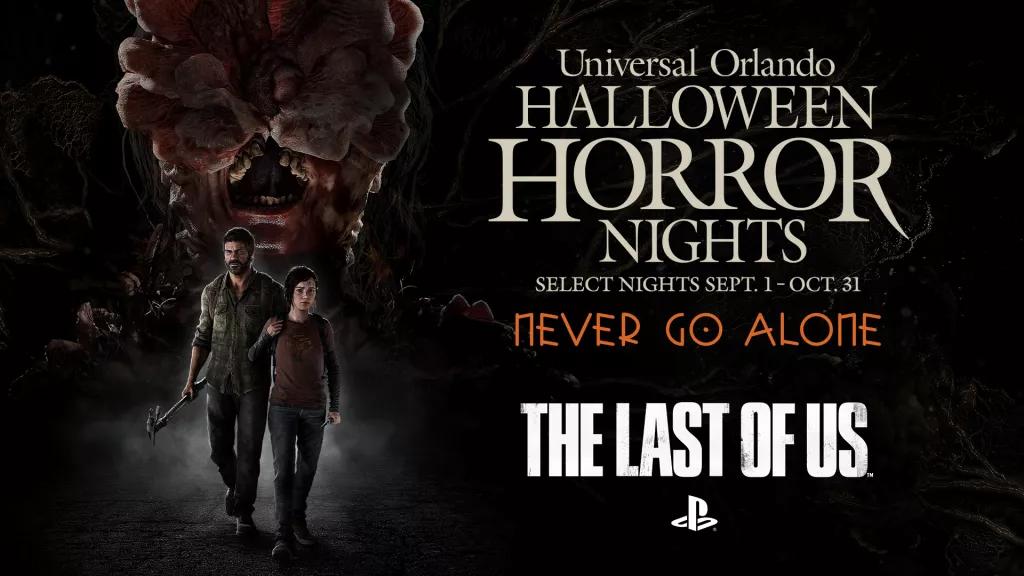 The Last of Us at Halloween Horror Nights A man and young girl walking away from a large monster next to the Halloween Horror Nights and The Last of Us logos