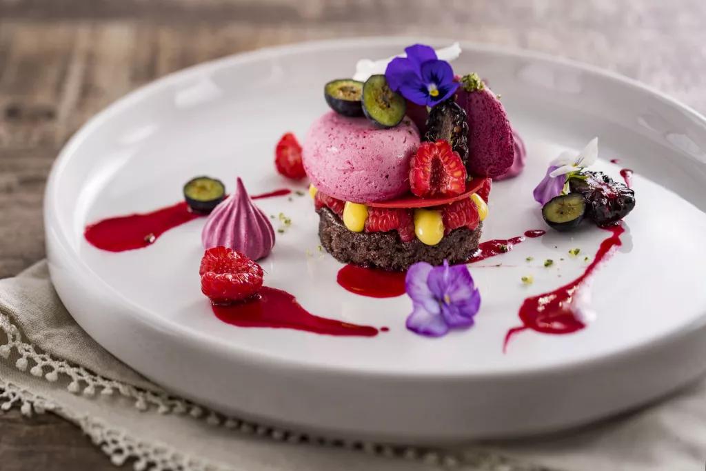 Fruit of the Forest Dessert at Topolino's Terrace A chocolate dessert topped with fruit, meringue and flowers
