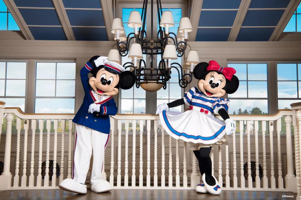 Mickey and Minnie at Disney Newport Bay Club Mickey Mouse and Minnie Mouse posing in nautical-themed outfits