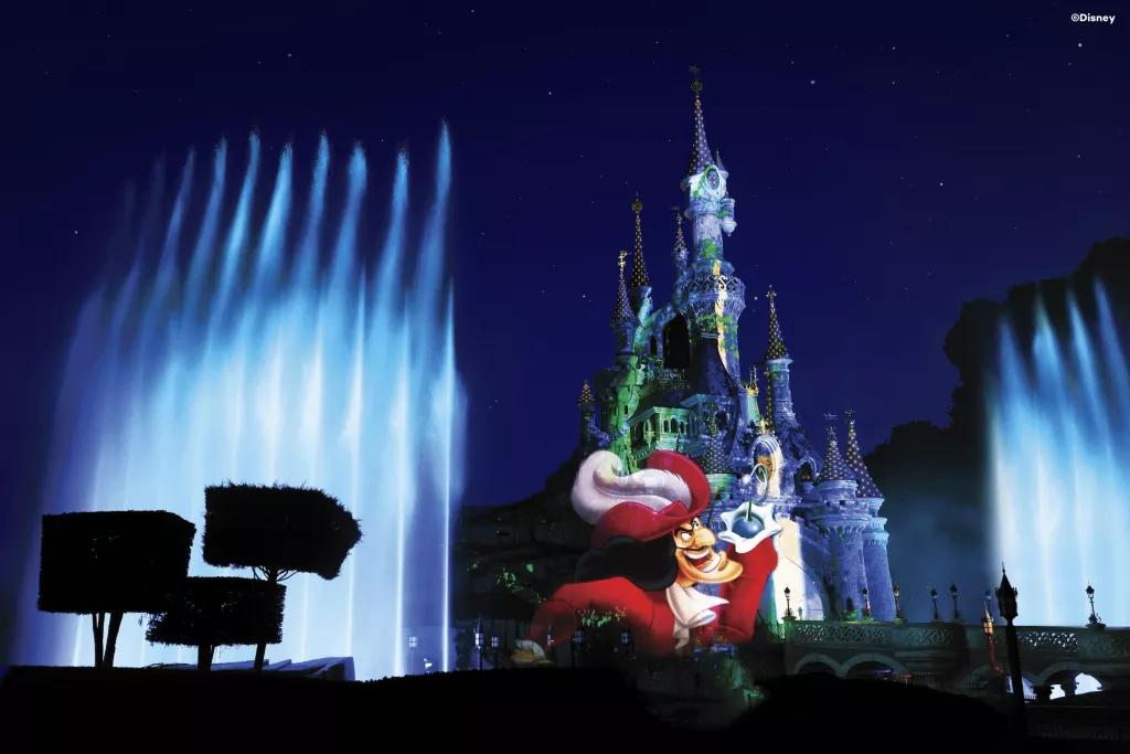 Disney Dreams Fireworks A projection of Captain Hook on Sleeping Beauty Castle