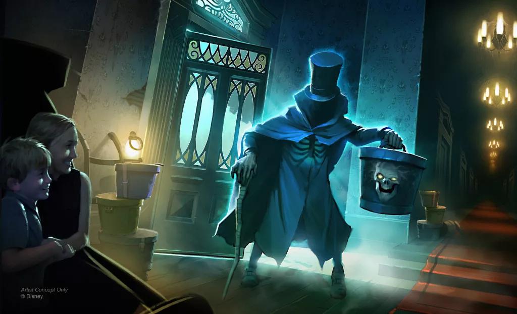 The Hatbox Ghost Concept art of a faceless ghost holding a hatbox with his head floating inside appearing in front guests riding the Haunted Mansion