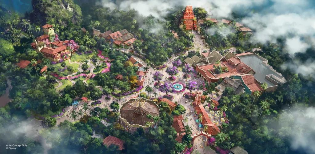 Animal Kingdom Concept Art Concept art of an area with lots of trees and central American style building including a multi-coloured house