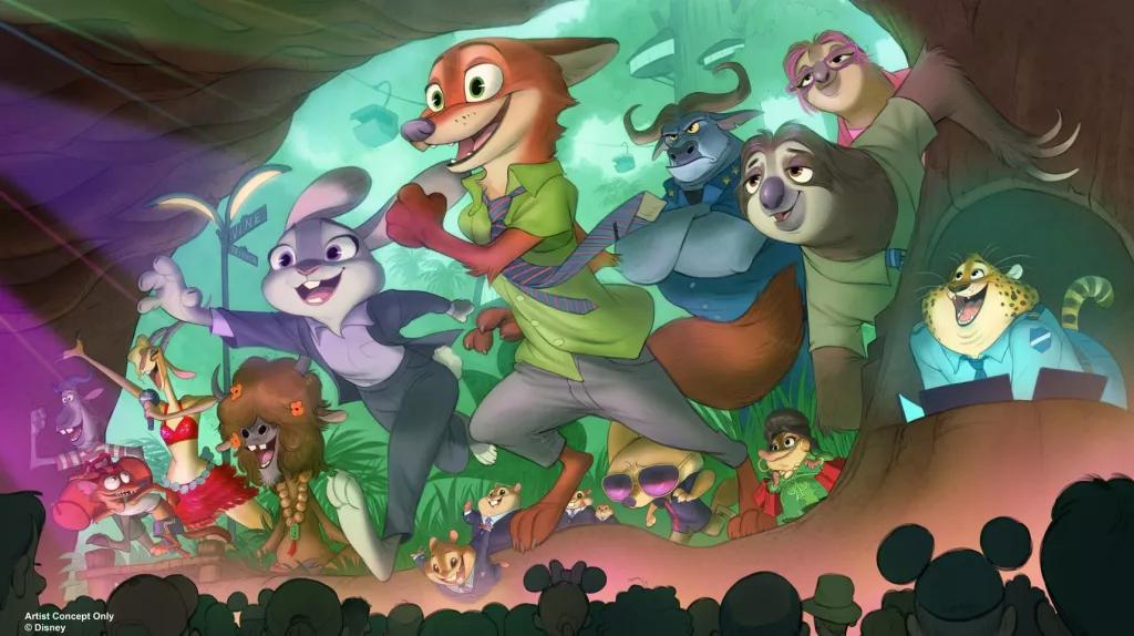 Zootopia at Animal Kingdom Concept art of characters from Zootopia coming out of a screen above an audience
