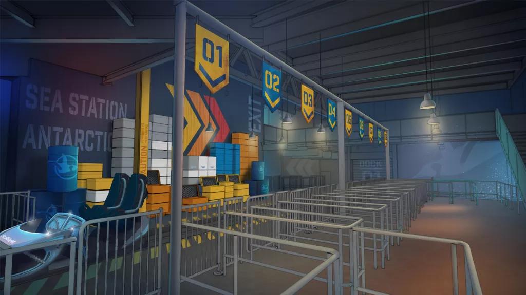 Penguin Trek Concept Art Artists impression of a ride loading area designed to look like an Antarctic exploration station