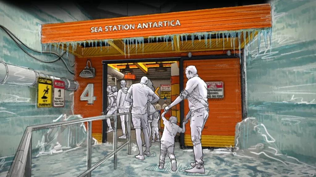 Penguin Trek Concept Art Artists impression of people queuing for Penguin Trek going into an orange sea station covered in ice